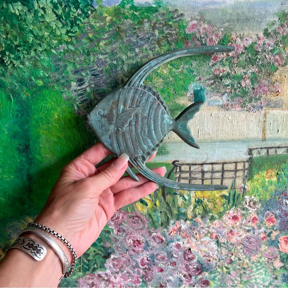 Metal Fish Wall Decor Art Sculpture Heavy Patina Green Nautical Coastal - Picture 4 of 5